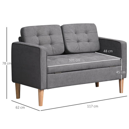 2-zitsbank – Tweezitsbank – Sofa – Loveseat – Bank – Lichtgrijs – Met Opbergruimte – Massief Houten Frame – Compacte Afmetingen 117x62x78 cm