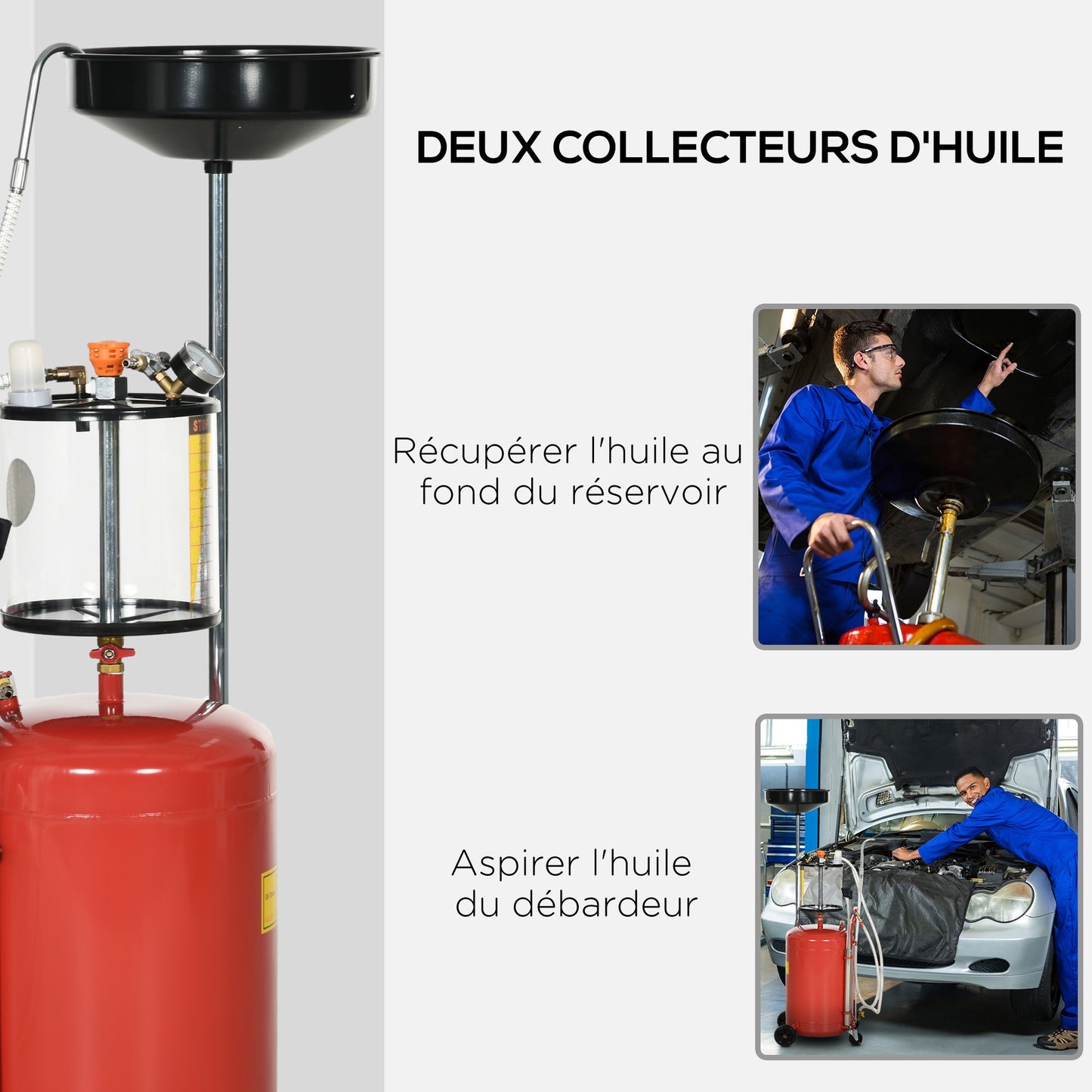 Olieafvoer – Olieopvangbak – Olieopvang – Olieopvangset – Olieafzuiger – 80 Liter Capaciteit – Verstelbare Trechterhoogte 120-140 cm – Pneumatisch & Handmatig – Mobiel Met Wieltjes – Rood