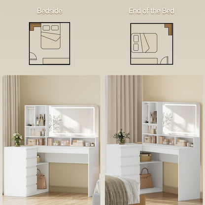 Kaptafel – Make-up Tafel – Vanity Table – Dresser Met Spiegel – Opbergtafel – L-vormige Hoekkaptafel – LED-verlichting – 5 Lades & 7 Open Vakken – Grote Spiegel – Wit