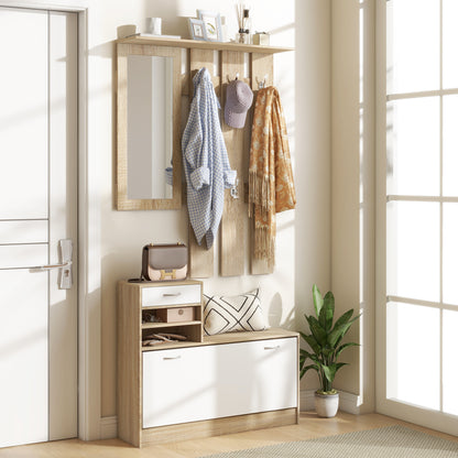 Halmeubel – Kapstok – Schoenenkast – Halbank – Garderoberek – 3-in-1 Multifunctioneel – Melamine Spaanplaat – 6 Haken & Spiegel – Natuurlijk Houtwit