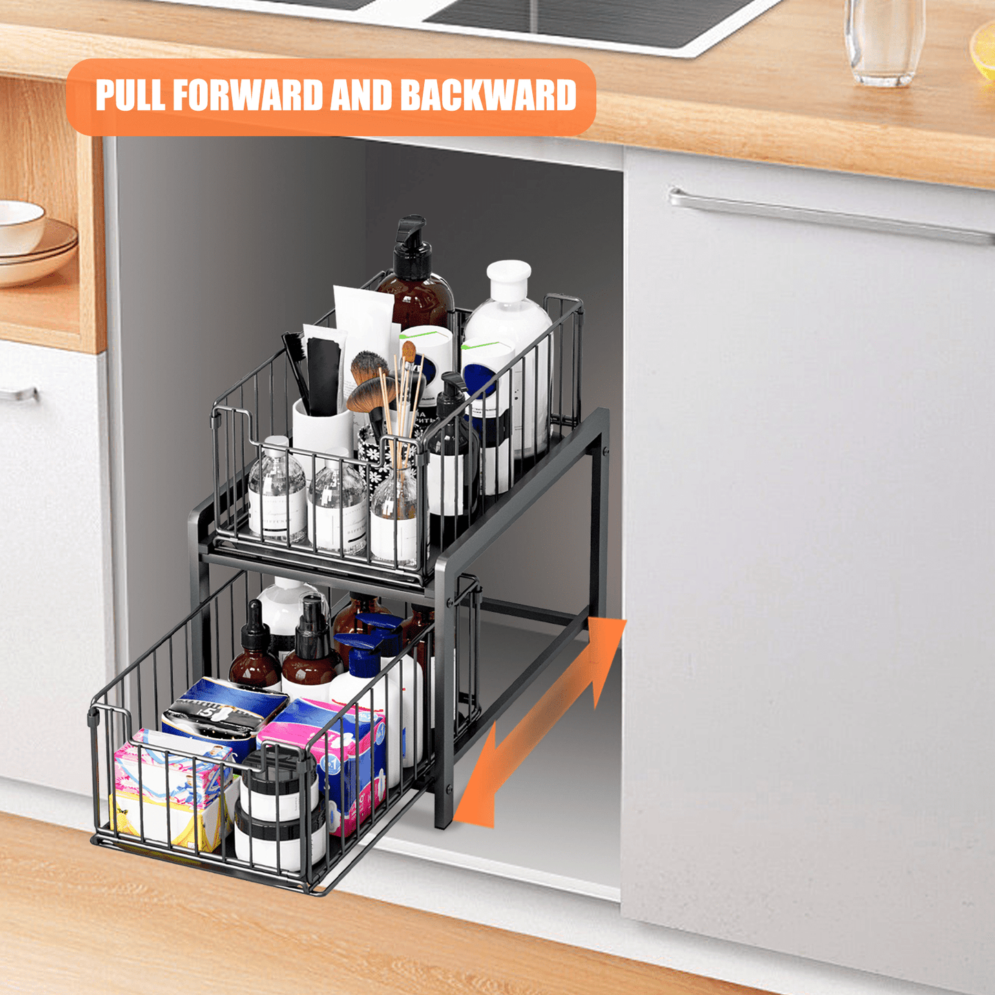 Keukenorganizer – Keukenkast Organizer – Gootsteenkast Organizer – Aanrecht Organizer – Badkamer Organizer – 2 Laagse Opberger – Met Uitschuifbare Lade – Metaal – 26x37x38,5 cm – Zwart