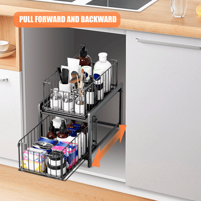 Keukenorganizer – Keukenkast Organizer – Gootsteenkast Organizer – Aanrecht Organizer – Badkamer Organizer – 2 Laagse Opberger – Met Uitschuifbare Lade – Metaal – 26x37x38,5 cm – Zwart