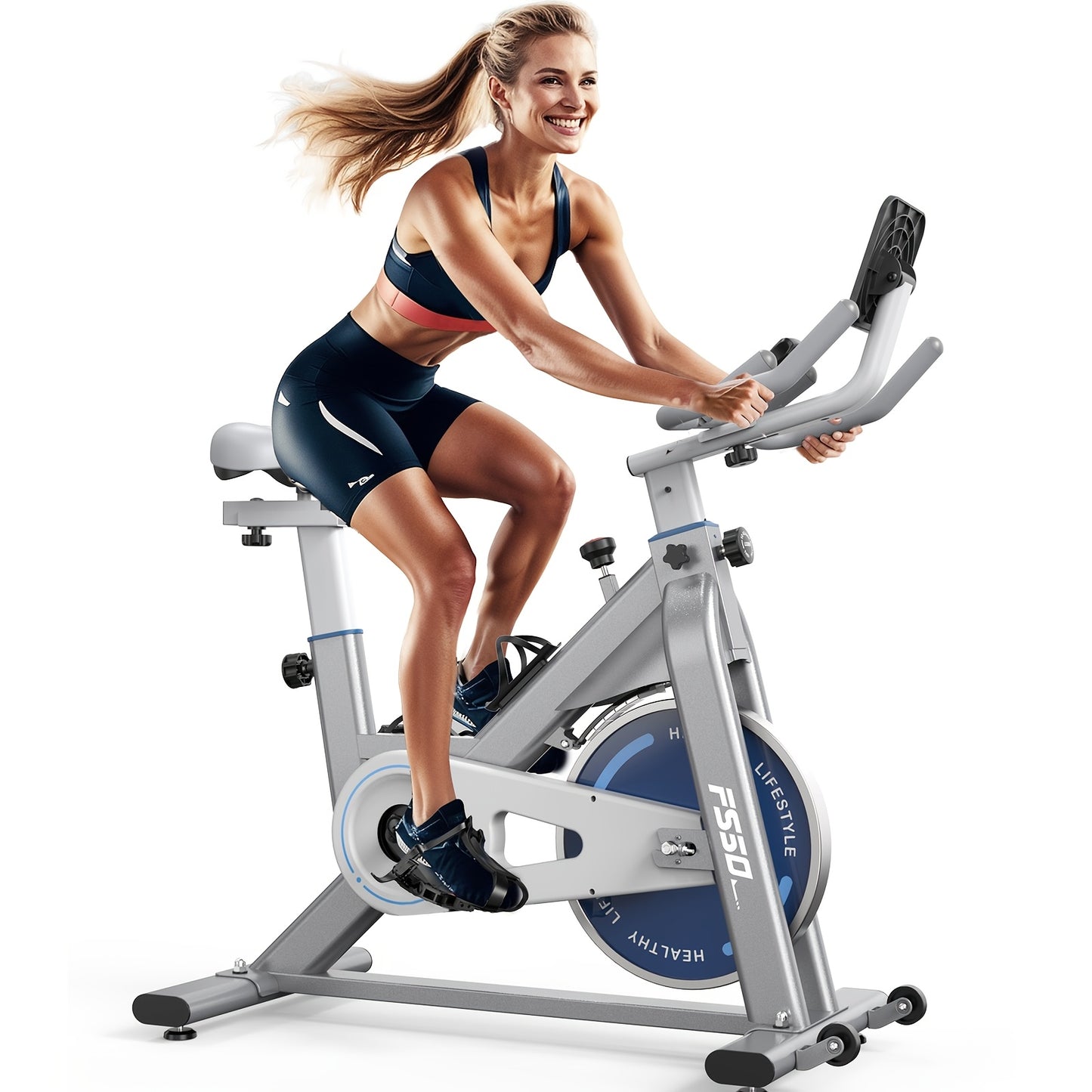 Vowvit Exercise Bike with 300 Watt Resistance Torque, 4-Way Fully Adjustable Ergometer Home Trainer Bicycle, Indoor Fitness Bikes with RPM Display, Large Tablet Holder, 150 kg Load Capacity, Without Battery