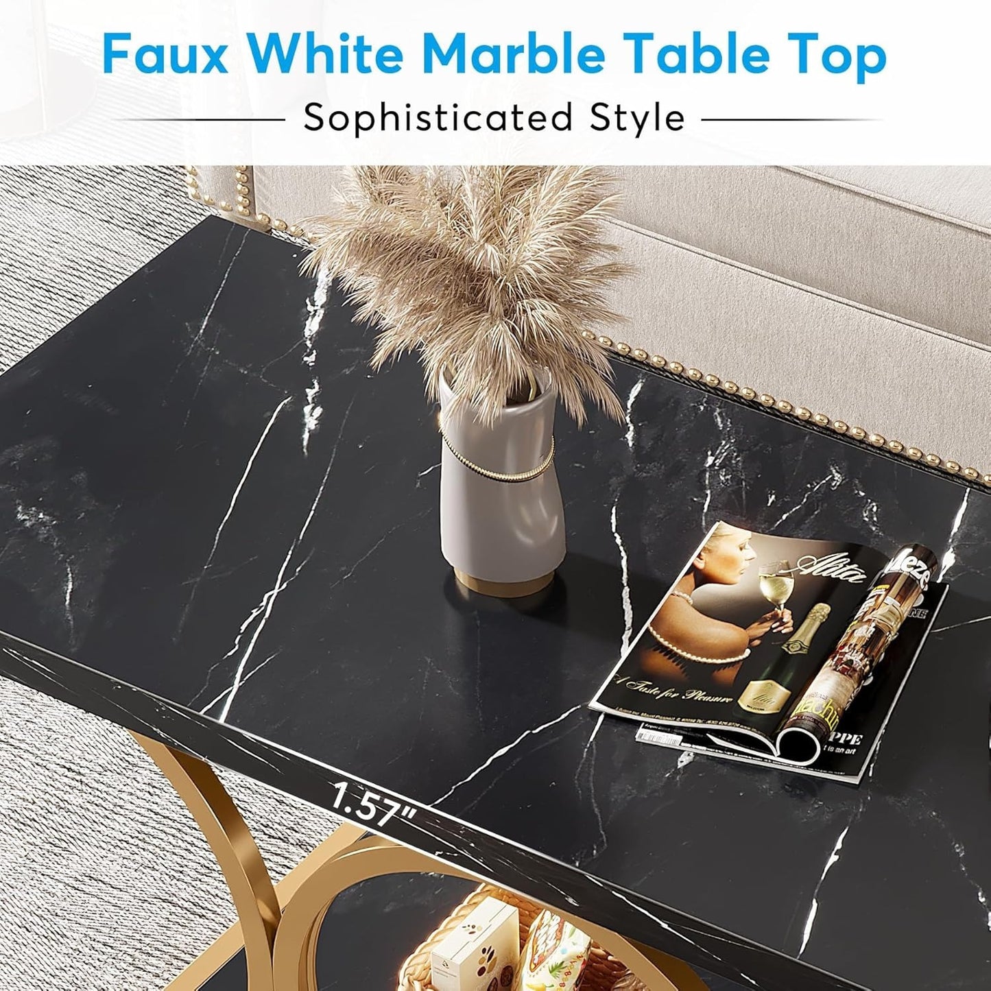 Salontafel – Koffietafel – Woonkamertafel – Bijzettafel – Theetafel – Modern Rechthoekig – 2-laags Opbergruimte – Zwart Marmerlook Tafelblad met Gouden Metalen Poten