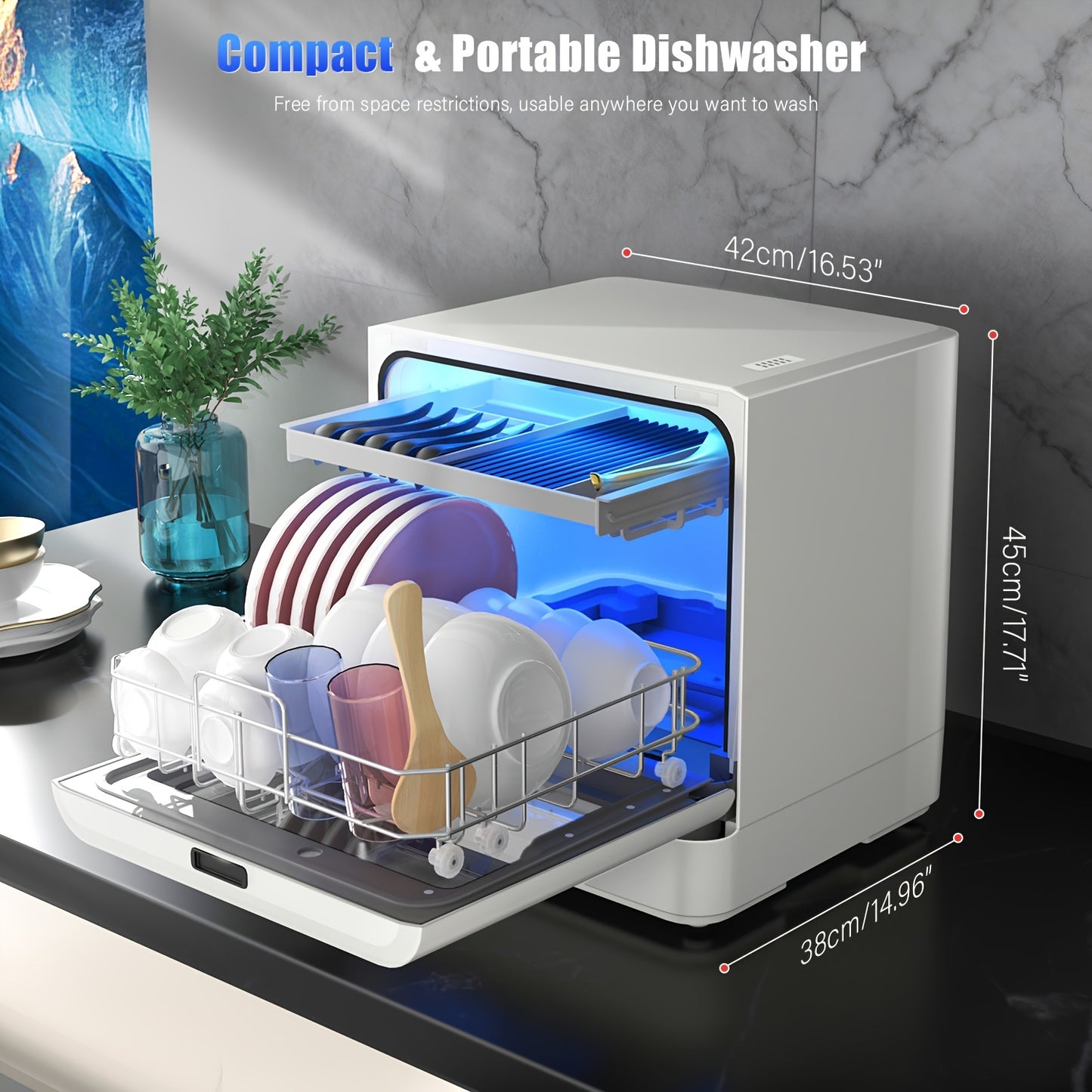Tafelmodel Vaatwasser – Compacte Vaatwasser – Draagbare Vaatwasser – Aanrecht Vaatwasser – Kleine Vaatwasser – 4 Wasprogramma’s – Automatische Wateraanvoer Wit