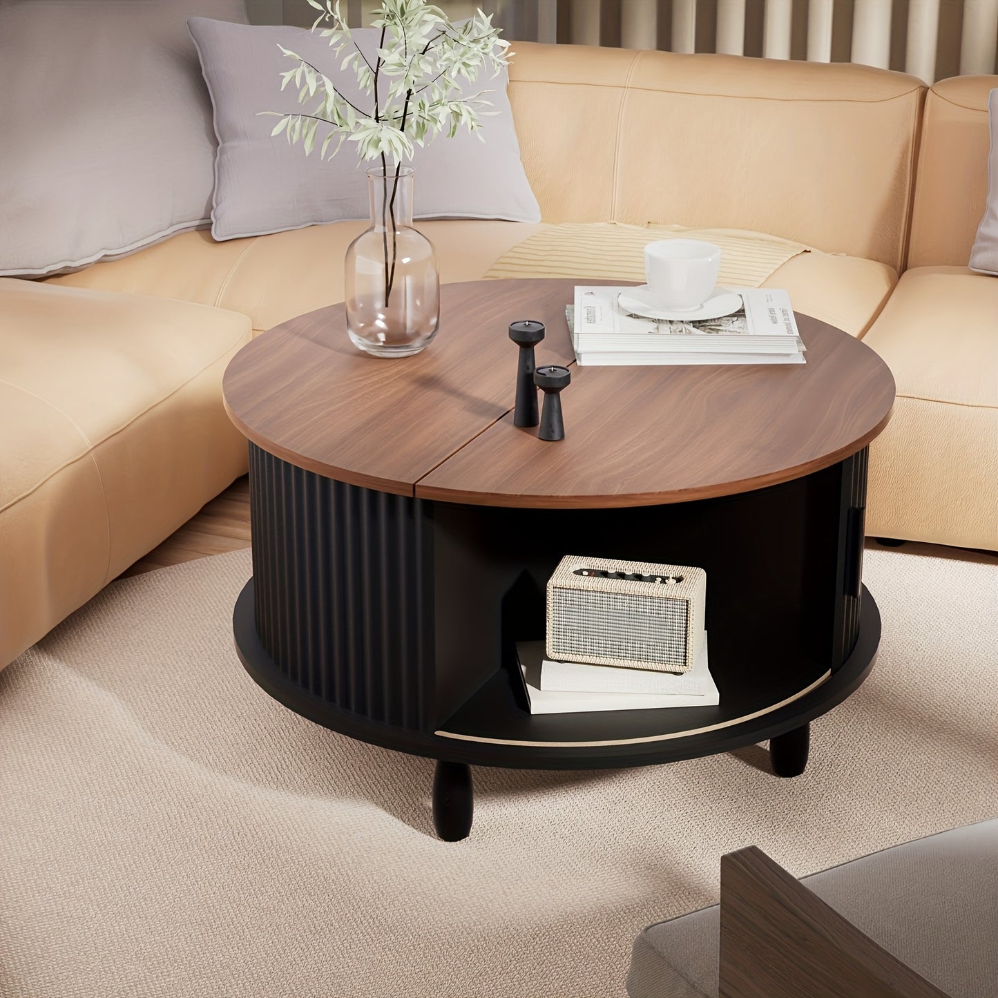 Salontafel – Koffietafel – Bijzettafel – Woonkamertafel – Tafel – Modern Rond – Verborgen Opbergruimte – Stevig Massief Hout