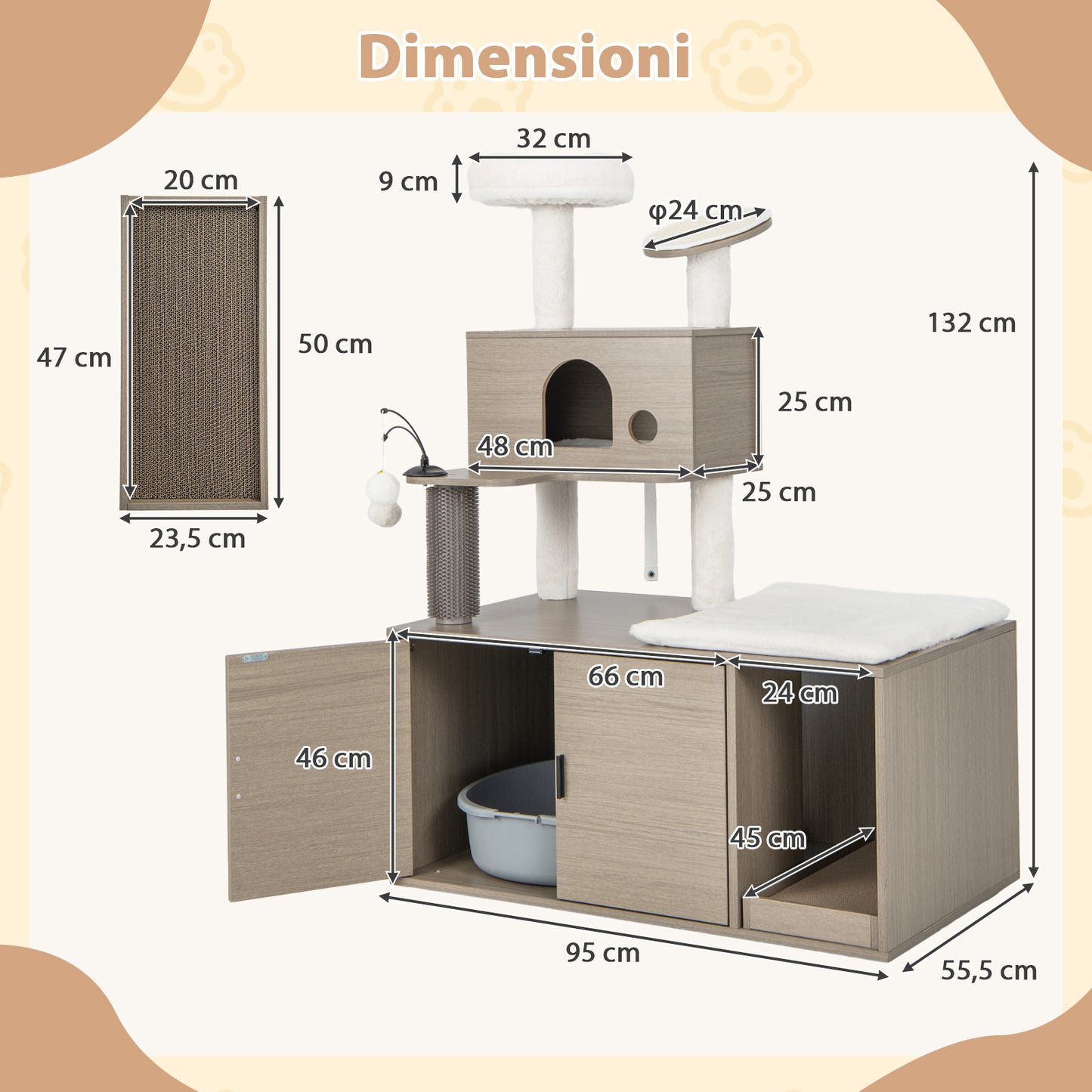 Kattenmeubel – Krabmeubel – Kattenbakkast – Kattenhuis – Kattenkrabpaal – Met Verborgen Kattenbak – Met Speelplezier en Pluche Zitplek – Grijs – Duurzaam MDF en Sisal