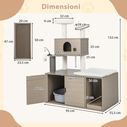 Kattenmeubel – Krabmeubel – Kattenbakkast – Kattenhuis – Kattenkrabpaal – Met Verborgen Kattenbak – Met Speelplezier en Pluche Zitplek – Grijs – Duurzaam MDF en Sisal