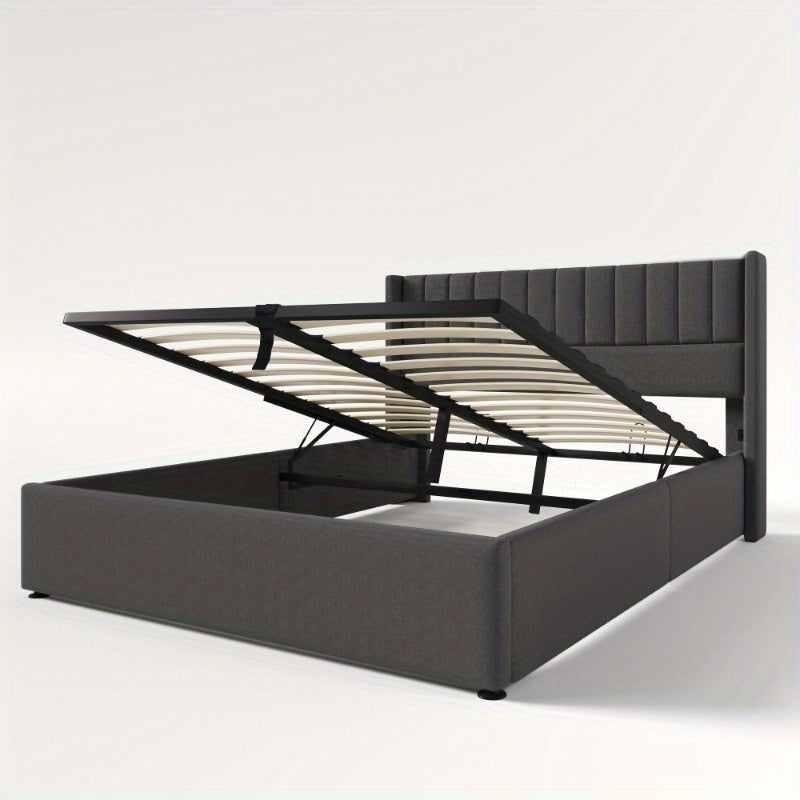 Tweepersoonsbed – 2-Persoonsbed – Bedframe – Bed – Slaapbed – Verstelbare Hoogte – Dubbele Laag Opbergruimte – 140x200 cm – Grijze Linnen Bekleding