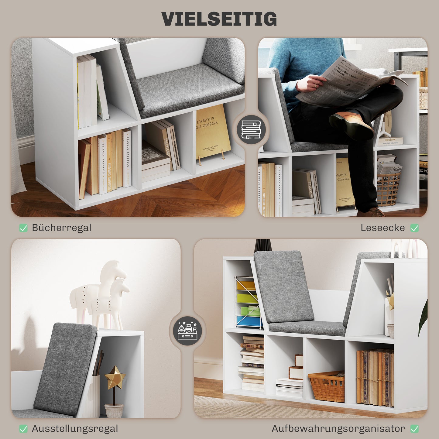 Boekenkast met Zithoek – Boekenkast – Opbergmeubel – Zitbank – Leeshoek – Wit – 6 Compartimenten – Gestoffeerde Zitting – 105x30x63 cm