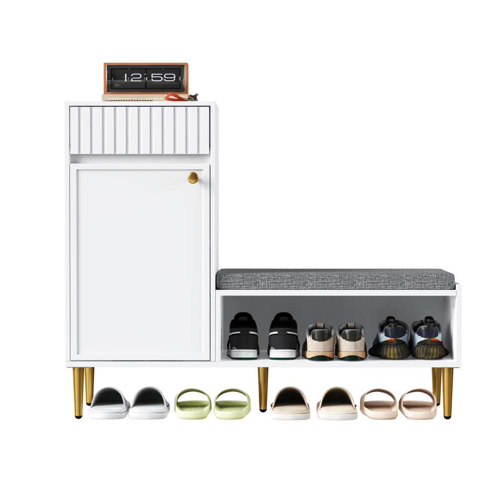 Contemporary Shoe Storage Unit Featuring a Bench, a Door, a Drawer, And an Open Shelf, with a Padded Design; Color: White, Measurements: 100 × 35 × 82.2 Cm (Width × Height × Depth)