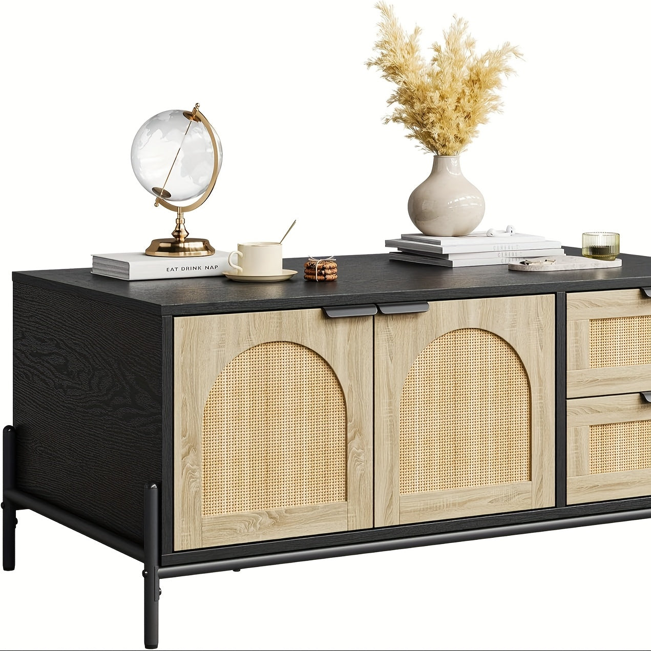Salontafel – Koffietafel – Bijzettafel – Woonkamertafel – Banktafel – Mid-Century Modern Riet – MDF & Metaal – Verstelbare Poten
