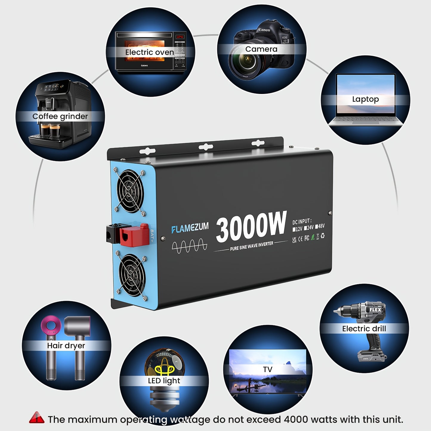 Spanningsomvormer – Omvormer – Inverter – Power Converter – Voedingsadapter – Zuivere Sinusgolf – 3000W Continu – 6000W Piekvermogen – LCD Display – USB Poort