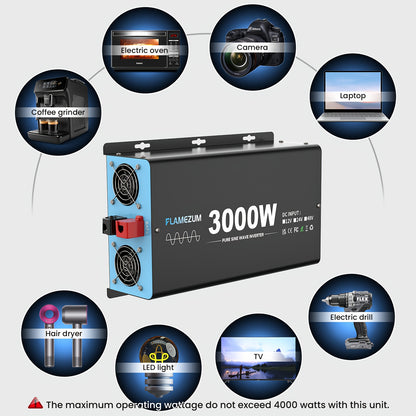 Spanningsomvormer – Omvormer – Inverter – Power Converter – Voedingsadapter – Zuivere Sinusgolf – 3000W Continu – 6000W Piekvermogen – LCD Display – USB Poort