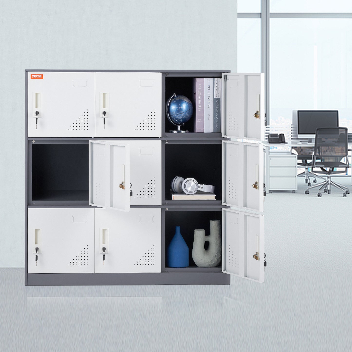 Metalen Locker – Stalen Lockers – Opslagkast – Opbergkast – Kleedkamerkast – Wit – 9 Deuren – Ventilatieopeningen – Magneetsluiting Met Sleutels