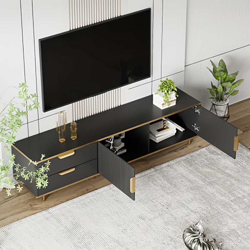 TV-stand – Tv-kast – Tv-meubel – Tv-unit – Zwarte TV-meubel met Gouden Handgrepen – Duurzaam Bamboe – Eenvoudige Montage