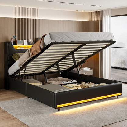 Tweepersoonsbed – Led Bed – Opbergbed – Gasliftbed – PU Leer Bed – 140x200 cm – LED Verlichting Met Afstandsbediening – Ingebouwde USB- en Type-C-poorten