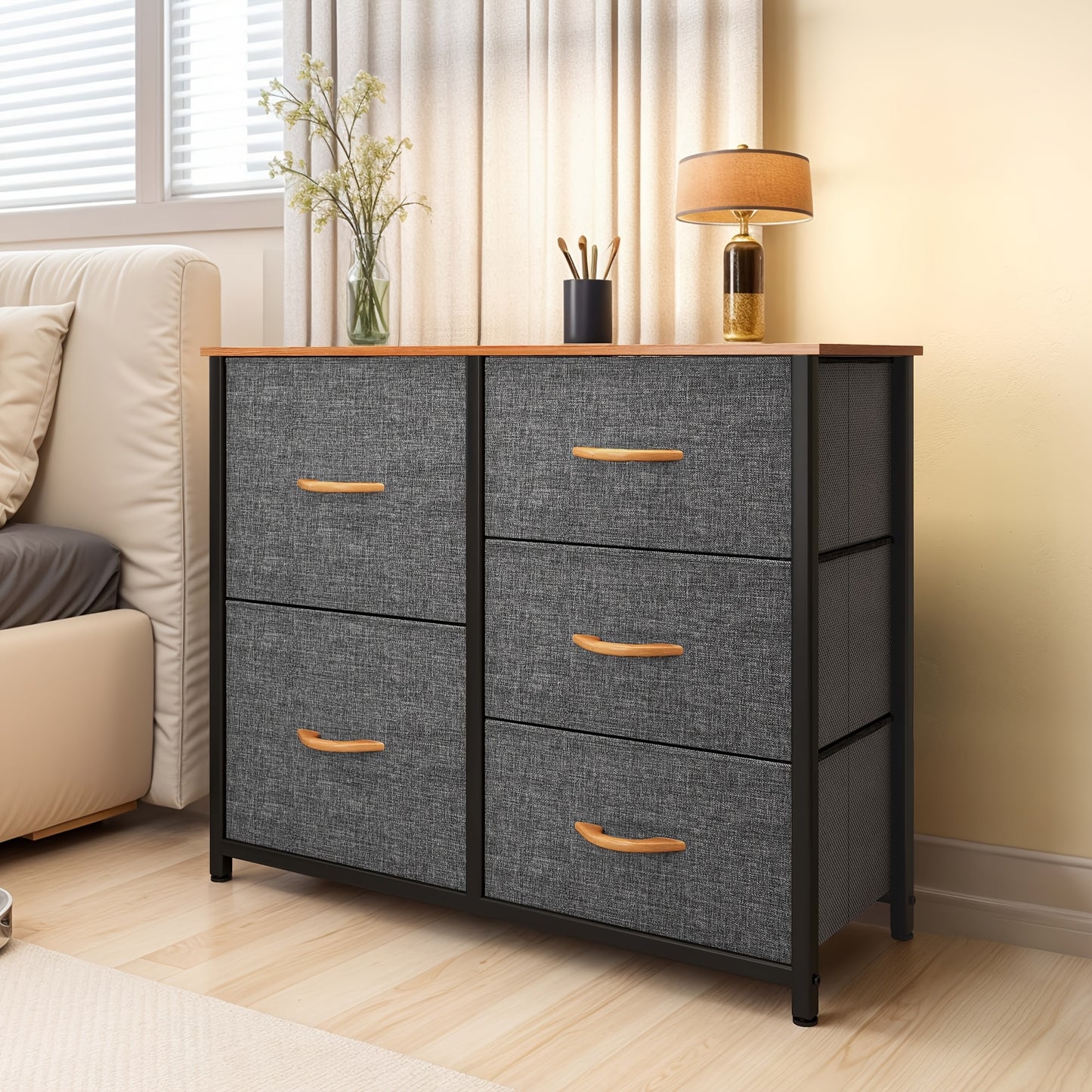 Ladekast – Dressoir – Opbergkast – Commode – Kast – Met 5 Stoffen Laden – Stabiel Metalen Frame & Houten Blad – Modern Donkergrijs
