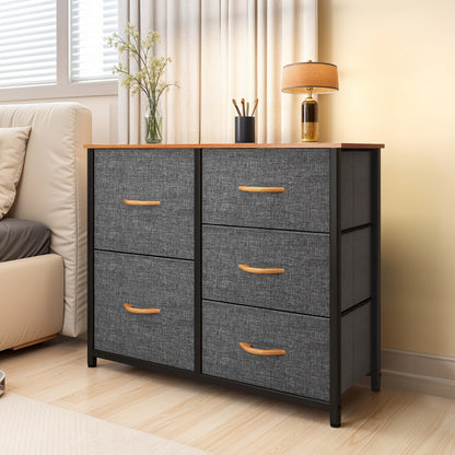Ladekast – Dressoir – Opbergkast – Commode – Kast – Met 5 Stoffen Laden – Stabiel Metalen Frame & Houten Blad – Modern Donkergrijs