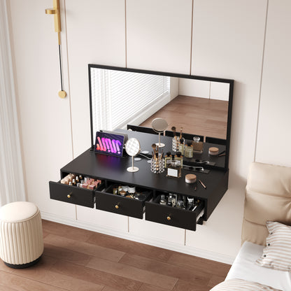 Vanity Hanging with Mirror, 3 Drawers and Power Outlets, Tablet-Card Slot, Beverage Holder; Black 100×105×45 cm (W×H×D)