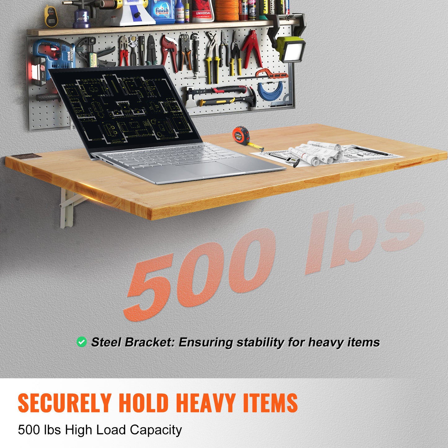 Vouwtafel – Klaptafel – Inklapbare Tafel – Wandbureau – Wandtafel – Rubberwood Hout – Draagkracht 225 kg – Slow-Close System