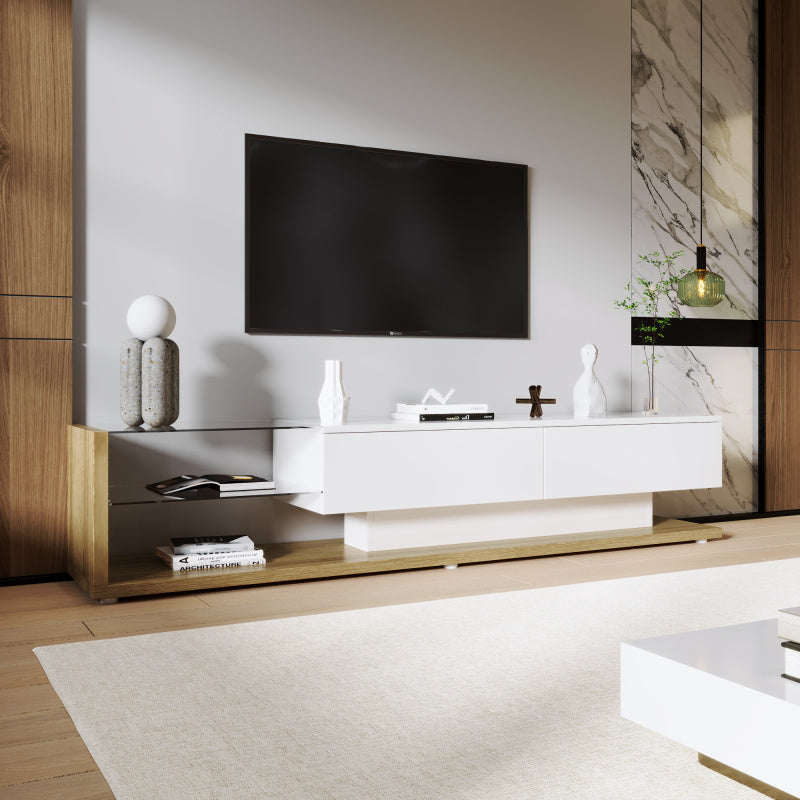 Tv meubel – TV-kast – Media meubel – Entertainmentmeubel – Dressoir – Hoogglans wit & houtlook – 2 lades en open planken