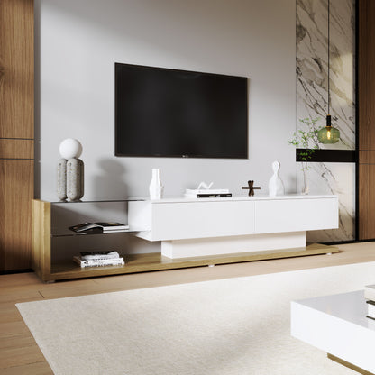Tv meubel – TV-kast – Media meubel – Entertainmentmeubel – Dressoir – Hoogglans wit & houtlook – 2 lades en open planken