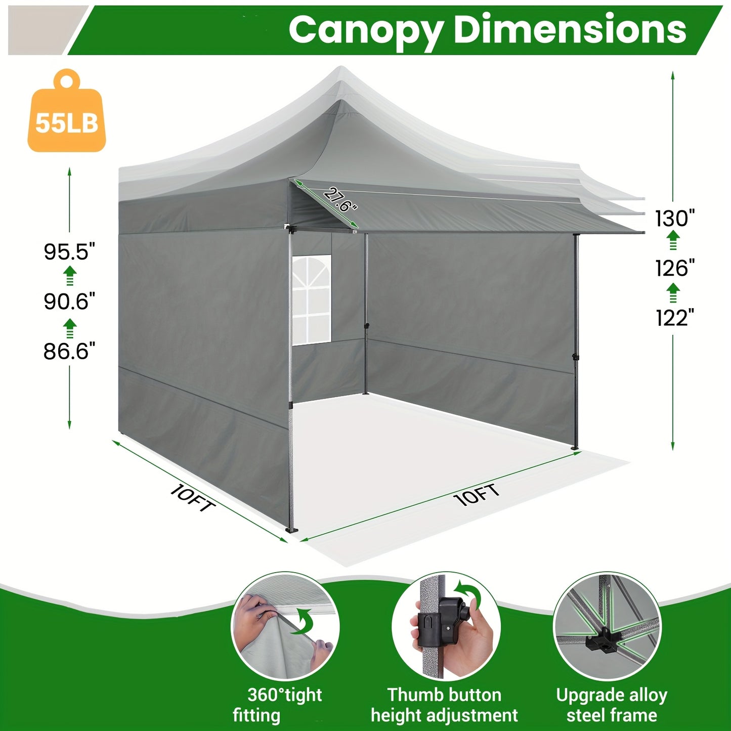 Pop-up Tent – Vouwtent – Markt Tent – Partytent – Camping Tent – 3,05x3,05 Meter – 3 Afneembare Zijwanden – 3 Verstelbare Hoogtes – Inclusief Draagtas – Aluminium Frame