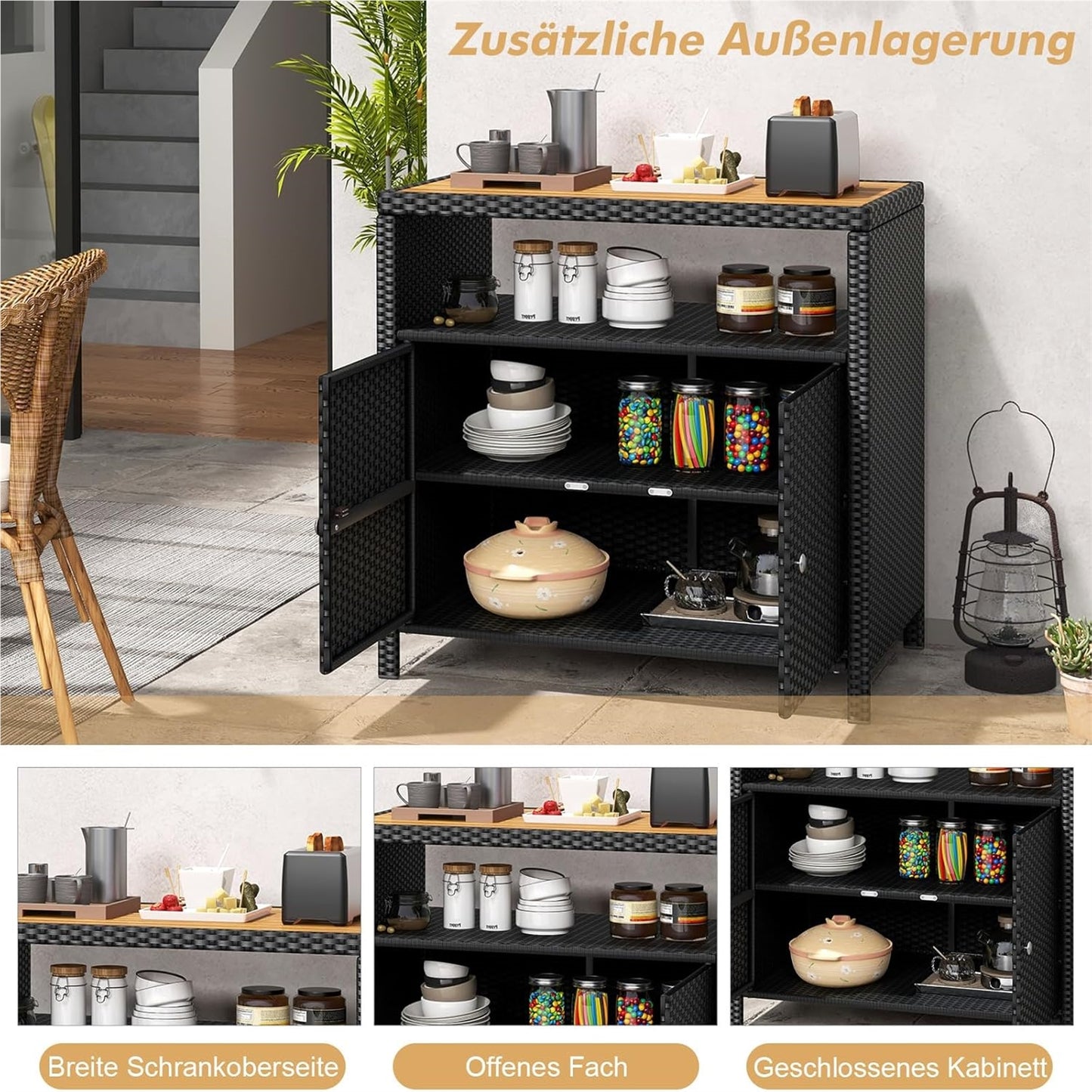 Tuinkast Rattan Kast Buitenberging Opbergkast Tuinmeubel – Zwart – 90x53x86 cm – Acaciahouten Werkblad – Weerbestendig Metalen Frame