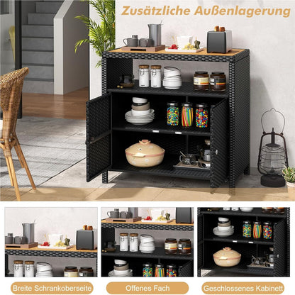 Tuinkast Rattan Kast Buitenberging Opbergkast Tuinmeubel – Zwart – 90x53x86 cm – Acaciahouten Werkblad – Weerbestendig Metalen Frame
