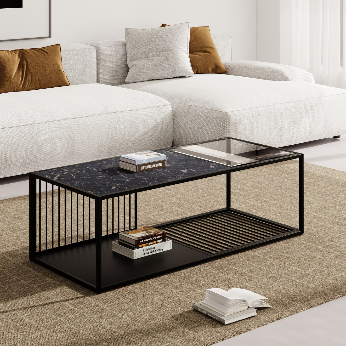 Koffietafel – Salontafel – Bijzettafel – Lounge tafel – Woonkamertafel – Zwart – Glazen Blad – Ruime Opberglade – Minimalistisch Design