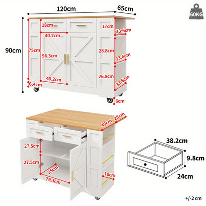 Keukeneiland – Keukentrolley – Kookeiland – Opbergmeubel – Eetkamerwagen – Uitschuifbare Eettafel – Houten Hardhouten Frame – Verstelbare Planken & Wielen