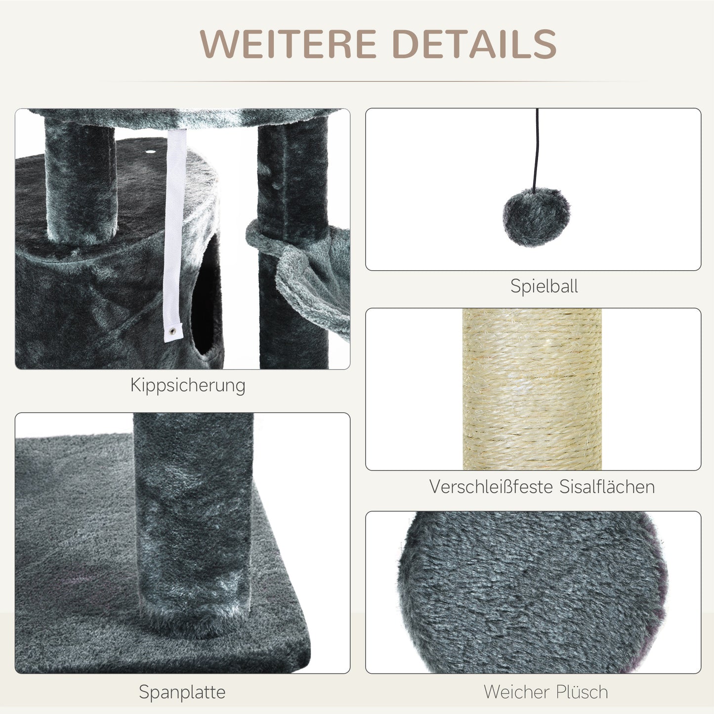Kattenklimtoren – Krabpaal – Klimtoren – Kattenboom – Speelparadijs – Donkergrijs – Verstelbare Hoogte 220-265 cm – Inclusief Kattenhol en Hangmat
