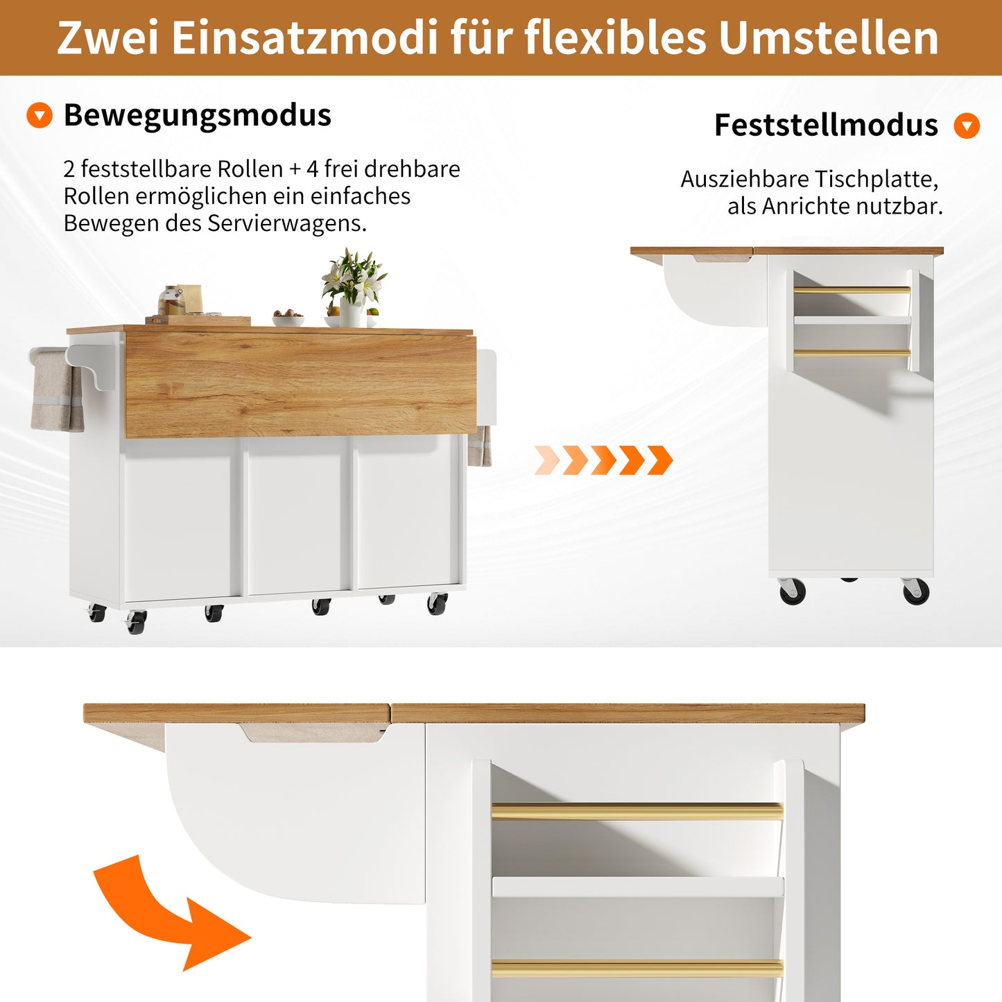 Keukenkar – Keukenwagen – Keukentrolley – Keukenmeubel – Keukenbuffet – Uitklapbaar Werkblad – Rattan Deuren Wit 146,85×42/70×90 cm