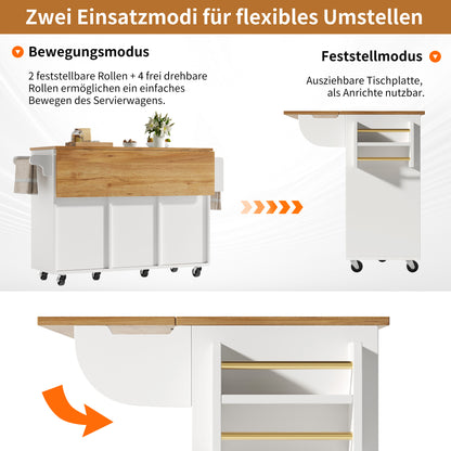 Keukenkar – Keukenwagen – Keukentrolley – Keukenmeubel – Keukenbuffet – Uitklapbaar Werkblad – Rattan Deuren Wit 146,85×42/70×90 cm