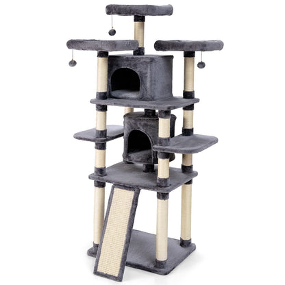 Krabpaal – Kattenboom – Klimpaal – Speelboom – Krabmeubel – Multifunctioneel met 2 kattenhuisjes – 170 cm hoog – Stabiel met sisal kraboppervlakken – Donkergrijs
