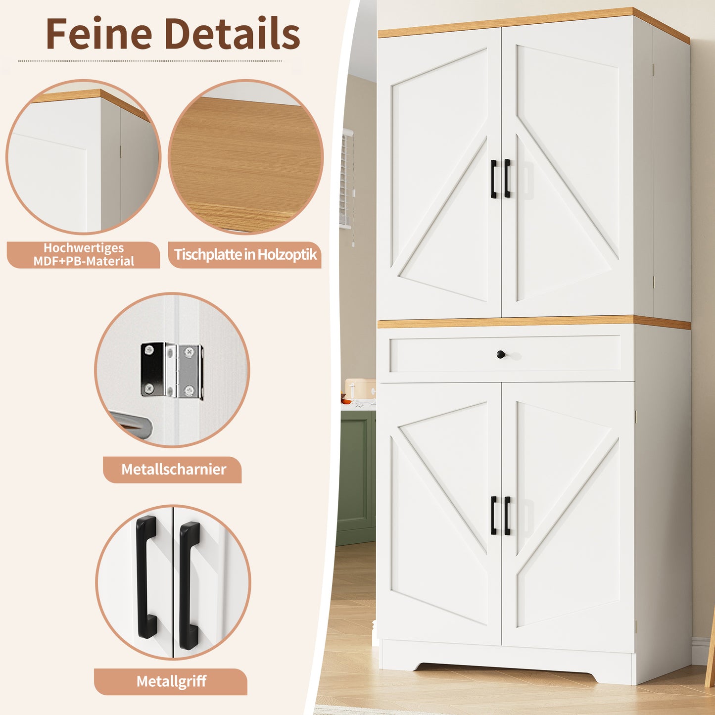 Hoge Kast – Opbergkast – Buffetkast – Voorraadkast – Keukenkast – 80x40x180 CM – MDF Met Natuurlijke Houtprint