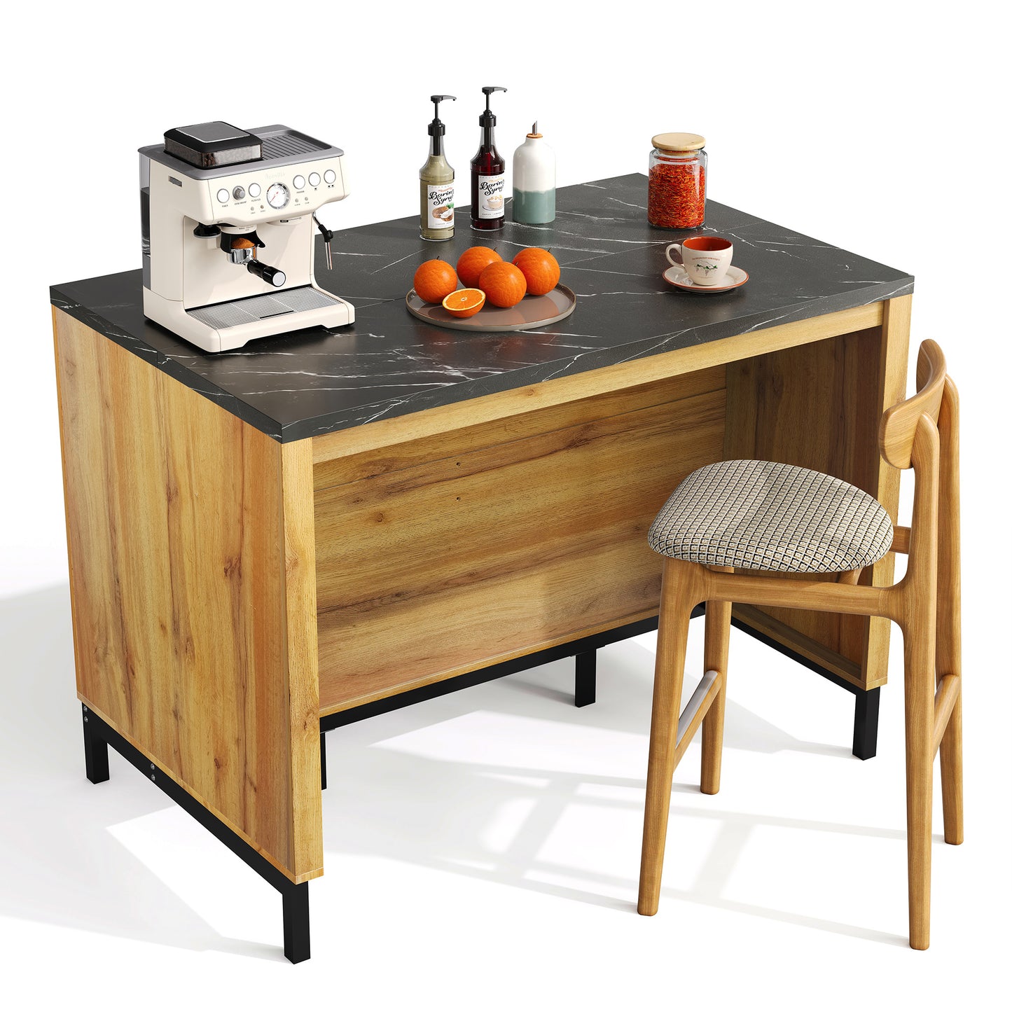 Keukenwagen – Keukentrolley – Keukenmeubel – Keukenkar – Eikenhoutdecor – Zwart Marmeren Werkblad – 120x75x90 cm – Met 2 Lades En 4 Open Planken