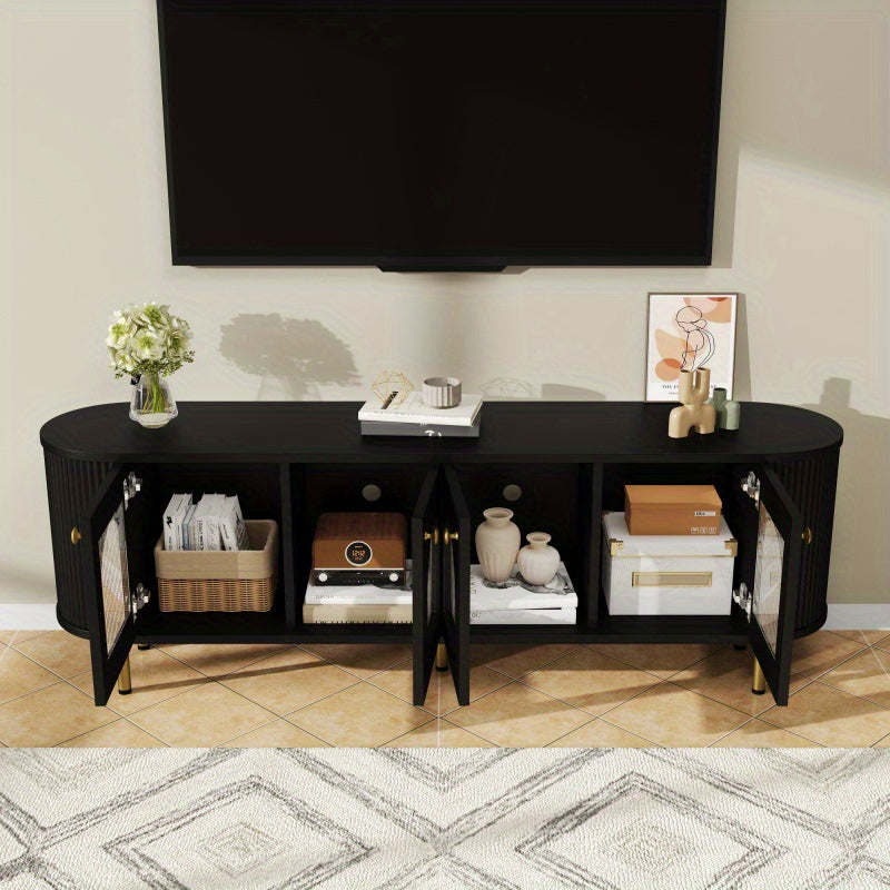 Tv-meubel – Lowboard – TV-kast – Media meubel – TV-dressoir – Zwart MDF met glazen deuren – Gouden handgrepen en poten – Ruime opbergruimte – Afgeronde hoeken