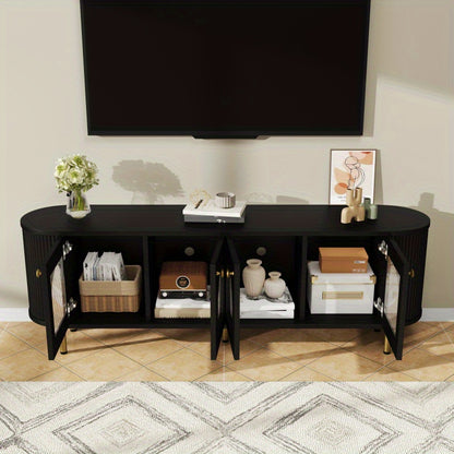 Tv-meubel – Lowboard – TV-kast – Media meubel – TV-dressoir – Zwart MDF met glazen deuren – Gouden handgrepen en poten – Ruime opbergruimte – Afgeronde hoeken