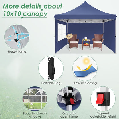 3.05x3.05meter Pop-Up Tent With 4 Removable Sidewalls, Awning With 4 Sandbags, UPF 50+, With Clear Windows, Pop-Up Canopy Tent, Easy To Set Up, With Carrying Storage Bag For Parties, Trade Shows, Sporting Events, Disaster Rel