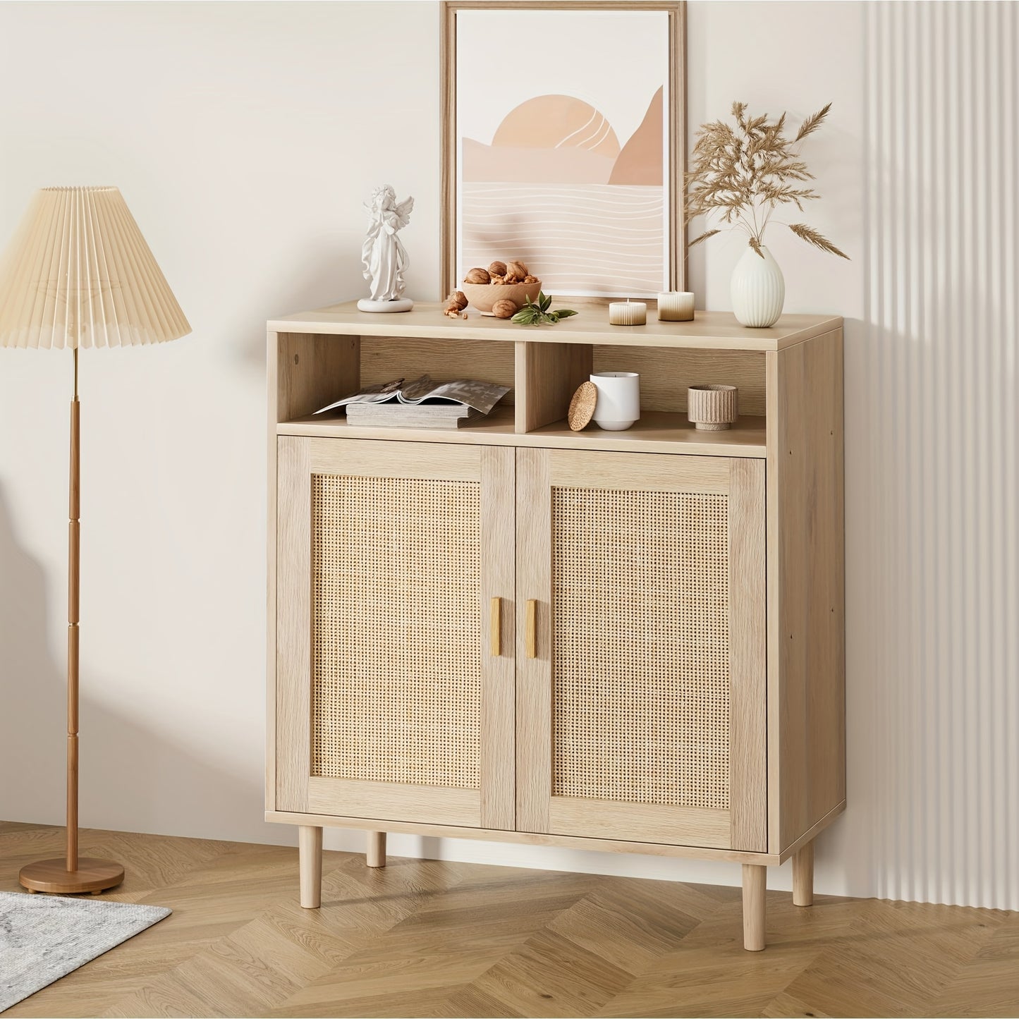 Dressoir – Sideboard – Buffetkast – Opbergkast – Keukenkast – Rotan Afwerking – 2 Deuren Met Open Plank – Stevig Houten Poten