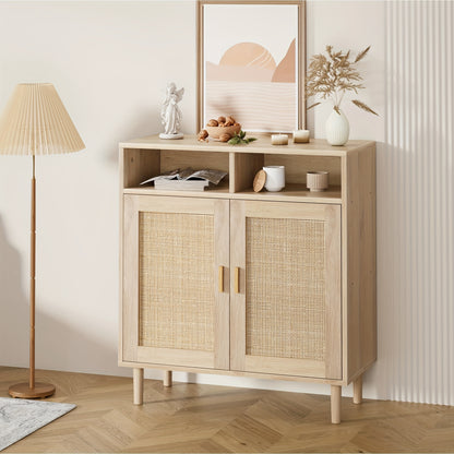 Dressoir – Sideboard – Buffetkast – Opbergkast – Keukenkast – Rotan Afwerking – 2 Deuren Met Open Plank – Stevig Houten Poten