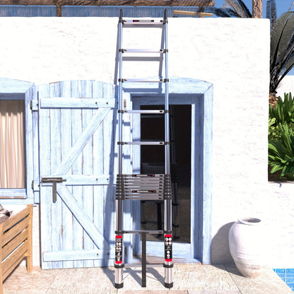 Telescoopladder – Uitschuifladder – Inklapbare Ladder – Opvouwbare Ladder – Telescopische Ladder – Roestvrij Staal – 4,4 Meter Hoogte – 2 Afneembare Haken
