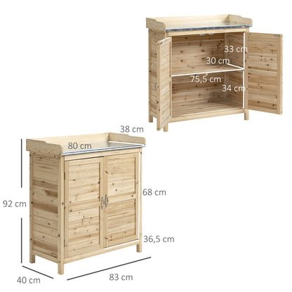 Tuinkast – Tuinmeubel – Gereedschapskast – Opbergkast – Natuurlijke Variant – Massief Vurenhout – Gegalvaniseerd Stalen Werkblad – 83x40x92 cm