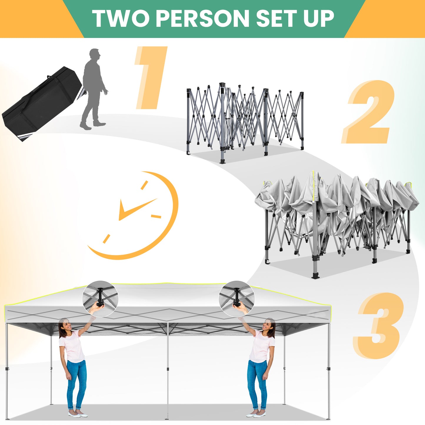 Partytent – Paviljoen – Feesttent – Tuintent – Vouwtent – 3x6 Meter – Oxford Stof – Inklapbaar Met Centrale Klikvergrendeling – 6 Zijwanden – Fluorescerende Strepen – Waterafstotend – Zwart