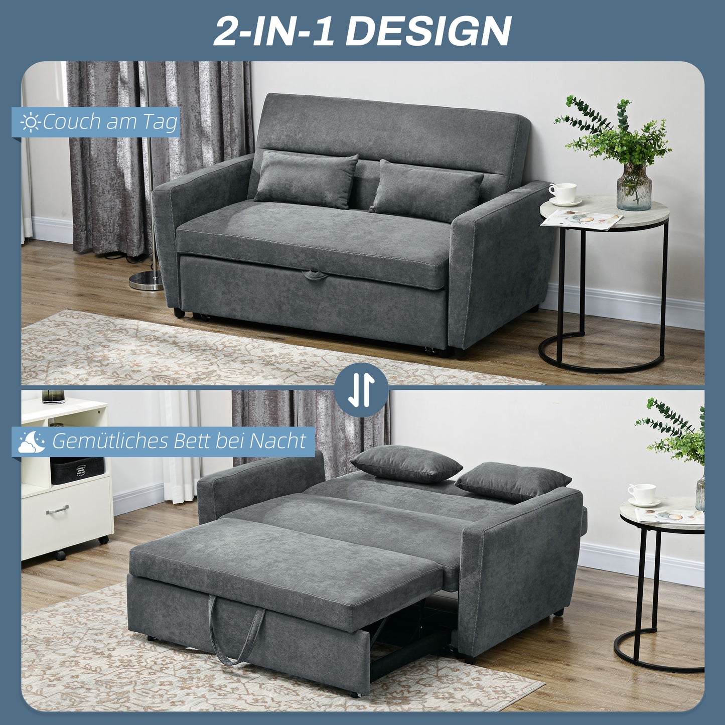 Slaapbank – Bank – Sofa – Bedbank – Logeerbed – 2-Zits – Verstelbare Rugleuning – Fluwelen Bekleding – Stevig Eucalyptus Houten Frame – Donkergrijs