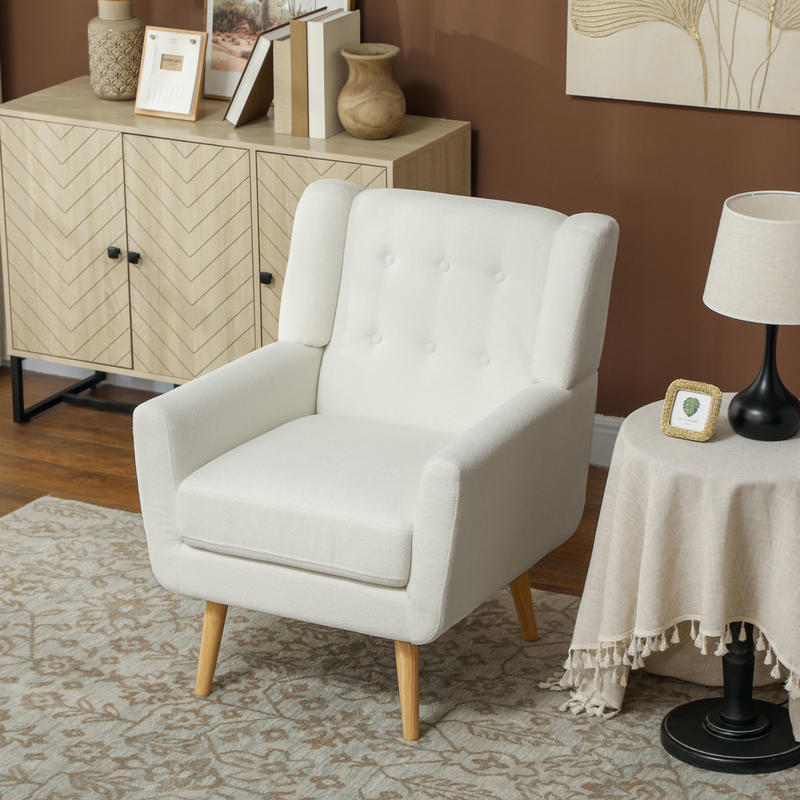 Fauteuil – Wingback Stoel – Gestoffeerde Stoel – Houten Poten – Button Tufting – Ergonomische Zitkussens – Draagt Maximaal 135 kg