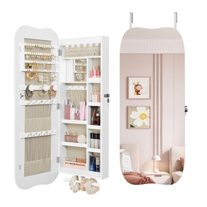 Jewelry Cabinet, Mirror Cabinet, Wall Cabinet With LED Lighting, Wall Cabinet With Mirror, Lockable, With Interior Mirror, Surface In White, Interior Lining In Greige, Jewelry Armoires