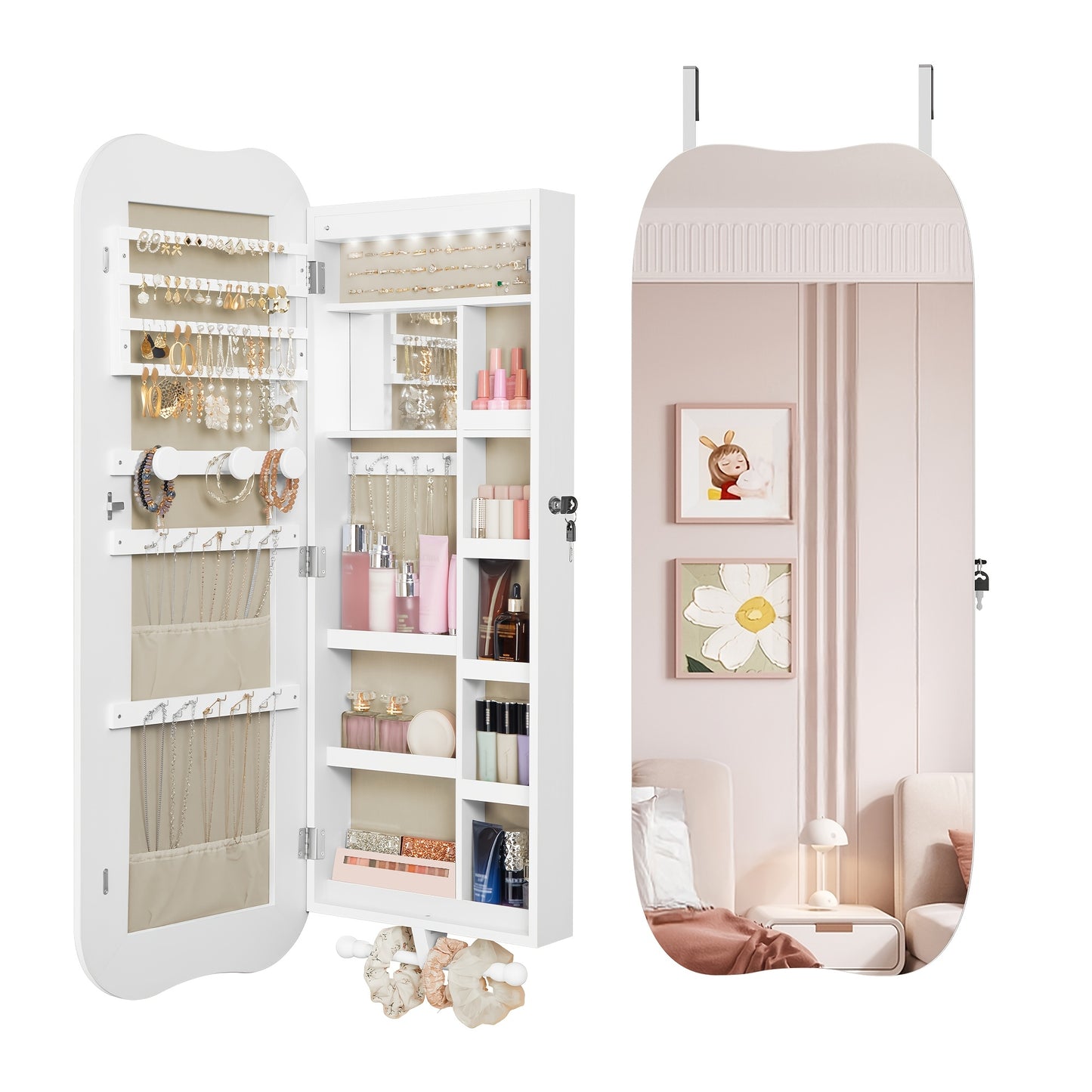Sieradendoos – Juwelendoos – Sieradenkast – Sieradenopberger – Sieraden Organizer – Met Spiegel – LED-Verlichting – Slot – Wit Met Greige Interieur